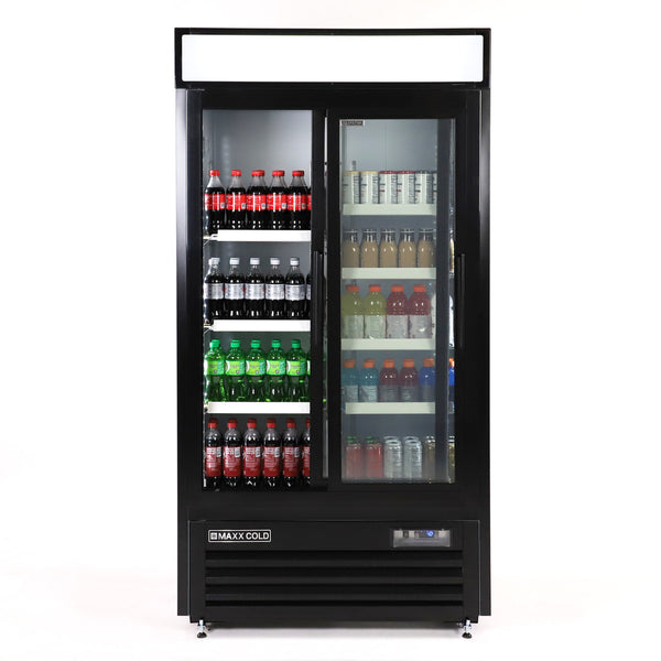 Maxx Cold Double Glass Door Narrow Width Merchandiser Refrigerator, Sliding Door, 36 cu. ft., Black- Lifestyle