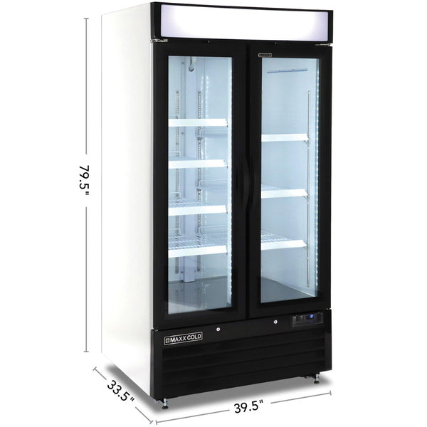 Maxx Cold Double Glass Door Narrow Width Merchandiser Freezer, Swing Style Door, 36 cu. ft., White