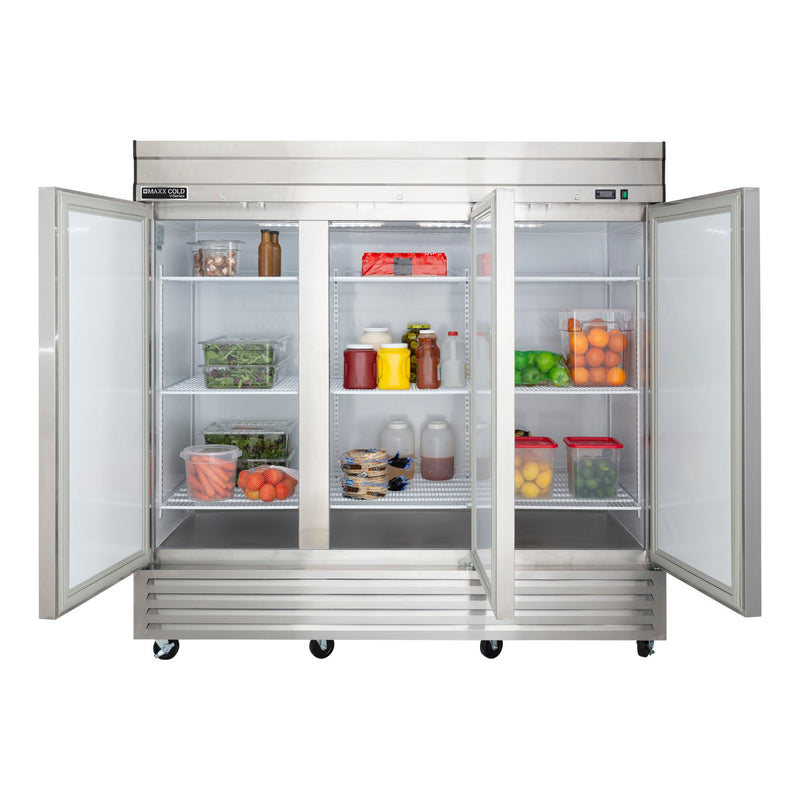 Propped Image of Maxx Cold V-Series 3 Solid Door Reach-In Refrigerator, Bottom Mount, 81"W, 65 cu. ft. Storage Capacity, in Stainless Steel (MVR-72FDHC)