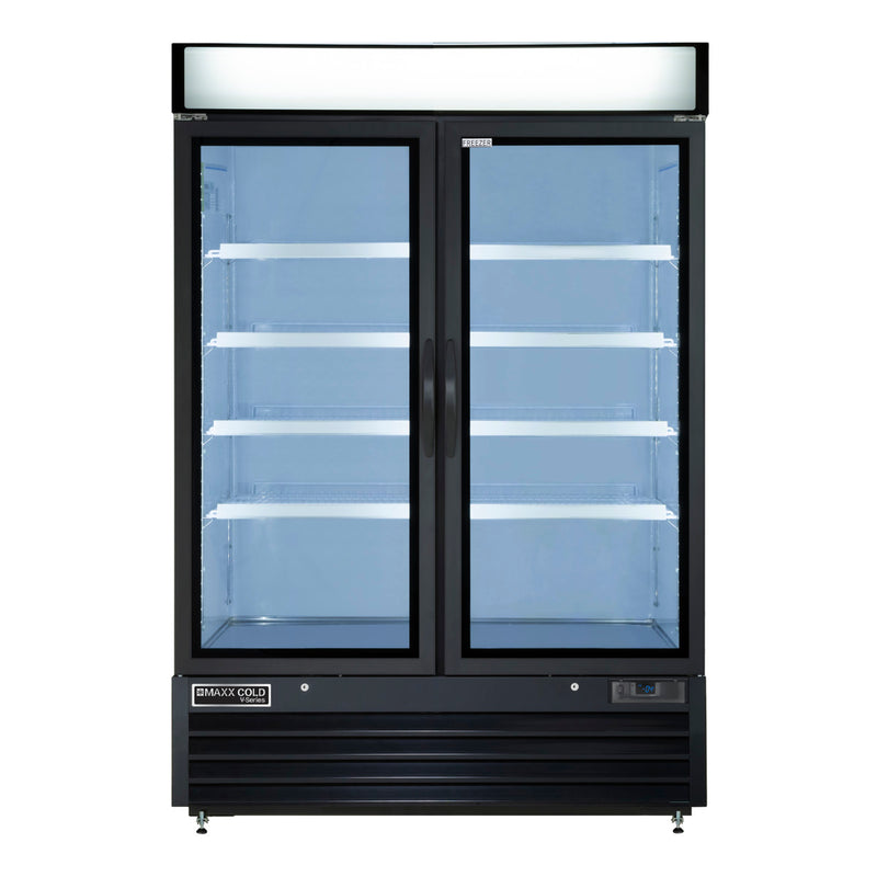 Front Image of Maxx Cold V-Series Double Glass Door Ice Merchandiser Freezer, 54"W, 48 cu. ft. Capacity, in Black (MVMF48B)