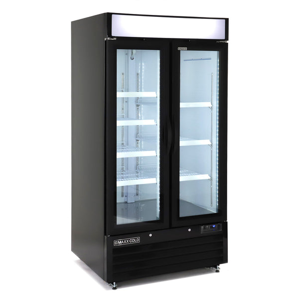 Maxx Cold Double Glass Door Narrow Width Merchandiser Refrigerator, Swing Door, 36 cu. ft., Black