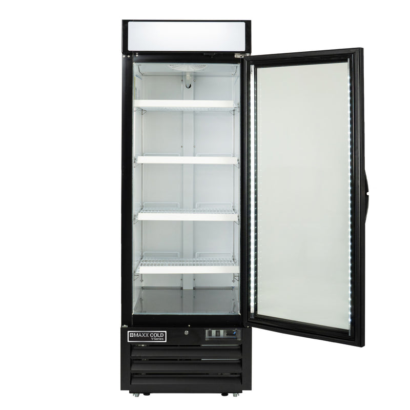 Open Image of Maxx Cold V-Series Single Glass Door Merchandiser Refrigerator, 27"W, 23 cu. ft. Storage Capacity, in Black (MVMR23B)