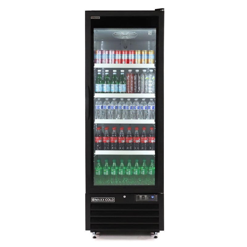 Propped Image of Maxx Cold Single Glass Door Merchandiser Refrigerator, Large Storage Capacity, 27"W, 30 cu. ft. Storage Capacity, in Black (MXGDM-30RBHC)