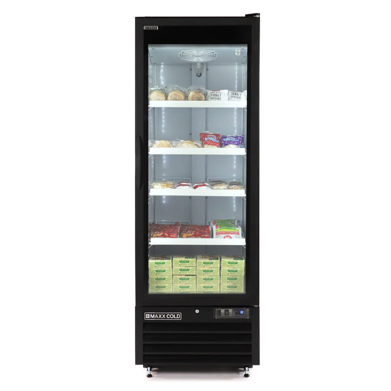 Propped Image of Maxx Cold Single Glass Door Merchandiser Freezer, Large Storage Capacity, 27"W, 30 cu. ft. Storage Capacity, in Black (MXGDM-30FBHC)