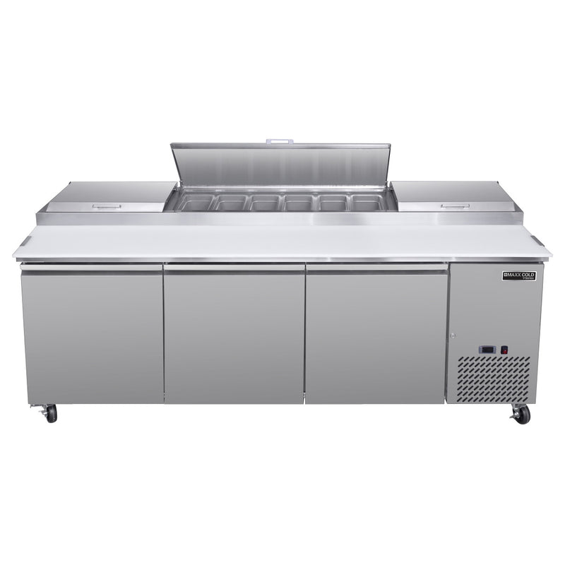 Cold Pre Table Maxx Cold V-Series 3 Door Refrigerated Pizza Prep Table, 92