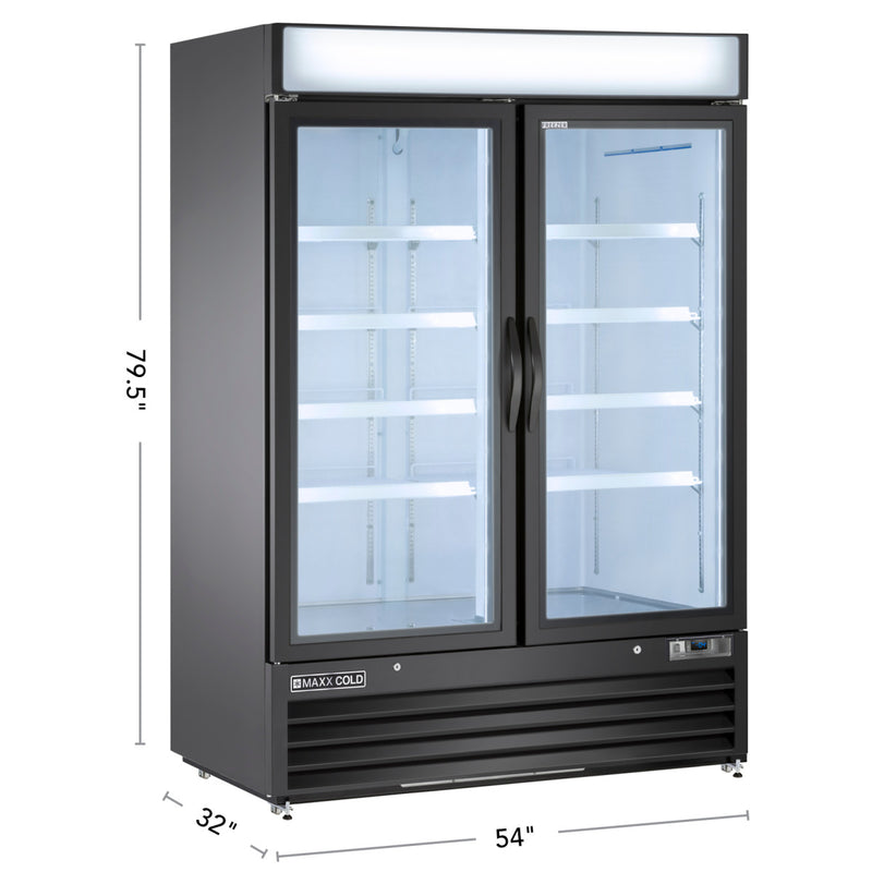 Maxx Cold Double Glass Door Merchandiser Freezer, Swing Door, 48 cu. ft., Storage Capacity, in Black