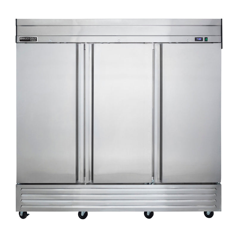 Front Image of Maxx Cold V-Series 3 Solid Door Reach-In Refrigerator, Bottom Mount, 81"W, 65 cu. ft. Storage Capacity, in Stainless Steel (MVR-72FDHC)