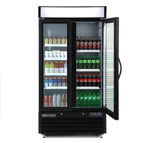 MXM2-36RBHC Narrow Width Glass Door Merchandiser Refrigerator, Double Door, Black
