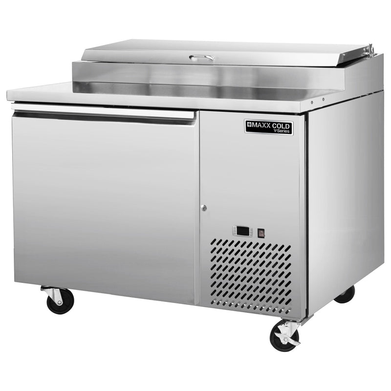 45 Degree Angle Image of Maxx Cold V-Series 1 Door Refrigerated Pizza Prep Table, 50"W, 11 cu ft, in Stainless Steel (MVPP50HC)