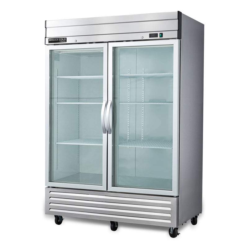 45 Degree Angle Image of Maxx Cold V-Series 2 Glass Door Reach-In Refrigerator, Bottom Mount, 54"W, 42 cu. ft. Storage Capacity, in Stainless Steel (MVR-49GDHC)