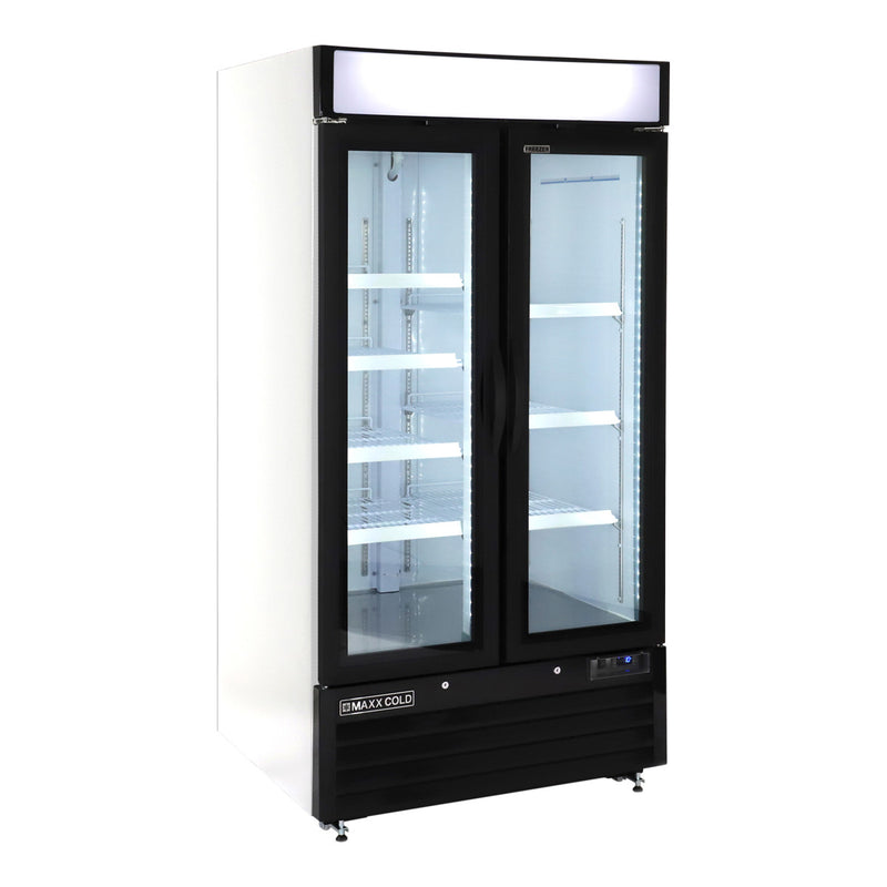 Maxx Cold Double Glass Door Narrow Width Merchandiser Freezer, Swing Style Door, 36 cu. ft., White