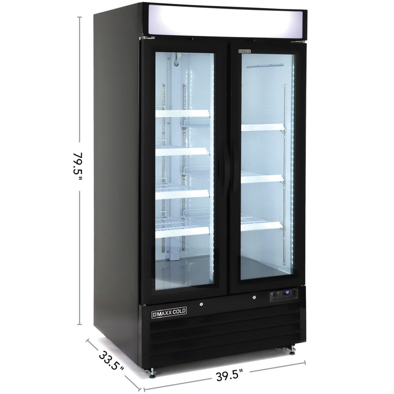 MXM2-36RBHC Narrow Width Glass Door Merchandiser Refrigerator, Double Door, Black