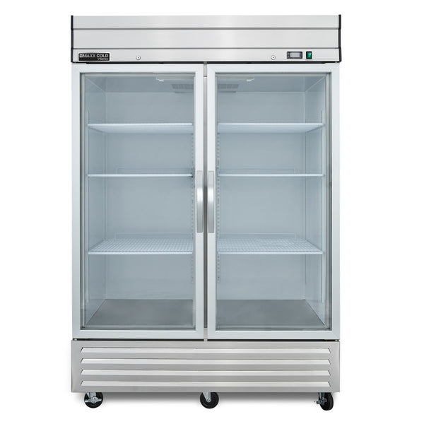 Front Image of Maxx Cold V-Series 2 Glass Door Reach-In Refrigerator, Bottom Mount, 54"W, 42 cu. ft. Storage Capacity, in Stainless Steel (MVR-49GDHC)