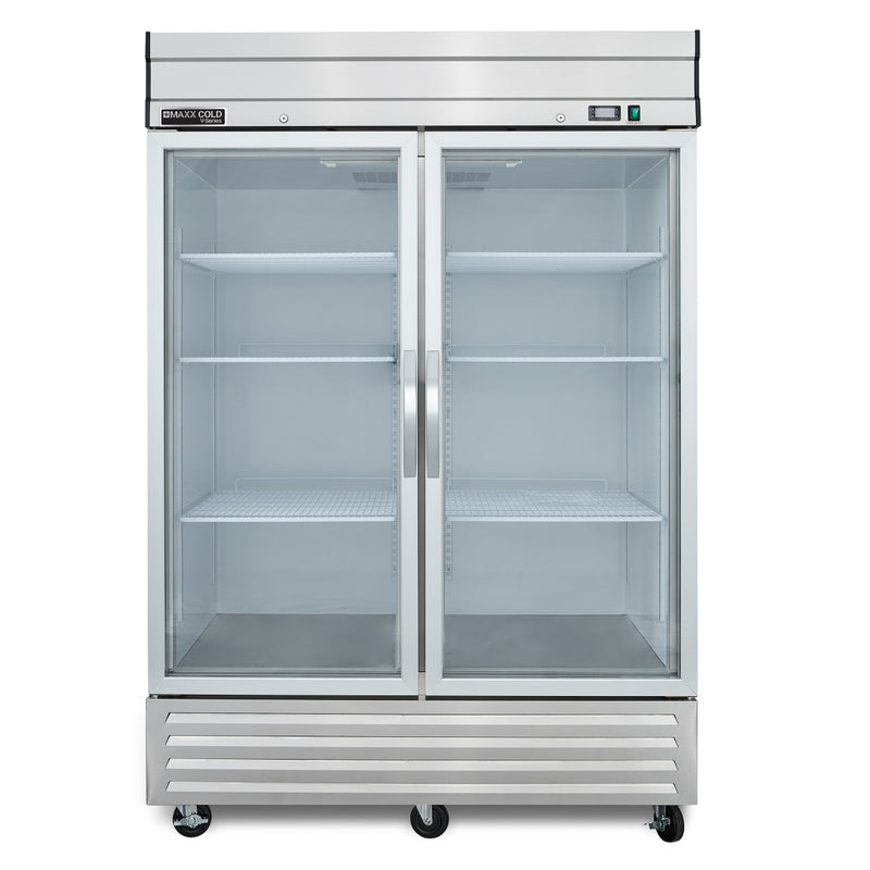 Front Image of Maxx Cold V-Series 2 Glass Door Reach-In Refrigerator, Bottom Mount, 54"W, 42 cu. ft. Storage Capacity, in Stainless Steel (MVR-49GDHC)