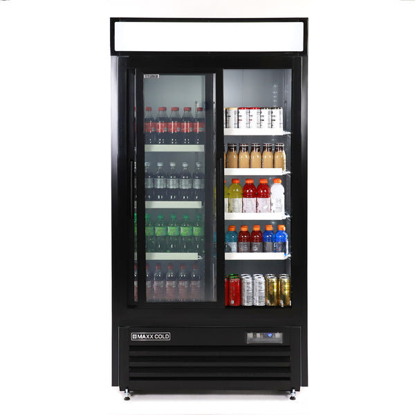 Maxx Cold Double Glass Door Narrow Width Merchandiser Refrigerator, Sliding Door, 36 cu. ft., Black