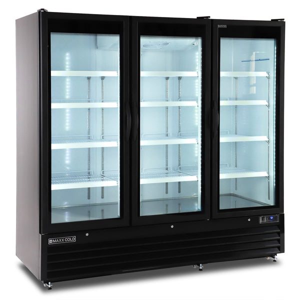 Maxx Cold Triple Glass Door Merchandiser Refrigerator, Large Storage Capacity, 73 cu. ft., in Black