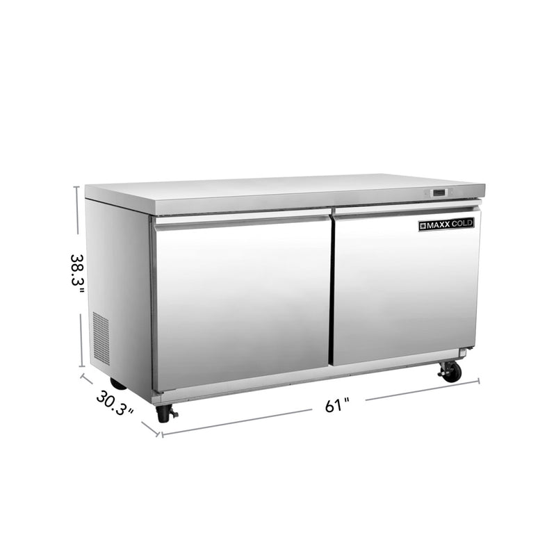 Maxx Cold Double Door Undercounter Freezer, 14.1 cu. ft. Storage Capacity, in Stainless Steel