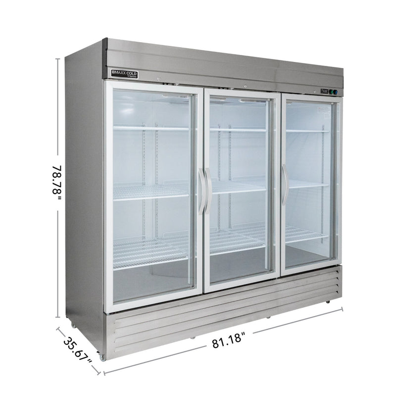 Maxx Cold V-Series 3 Glass Door Reach-In Refrigerator, Bottom Mount, in Stainless Steel