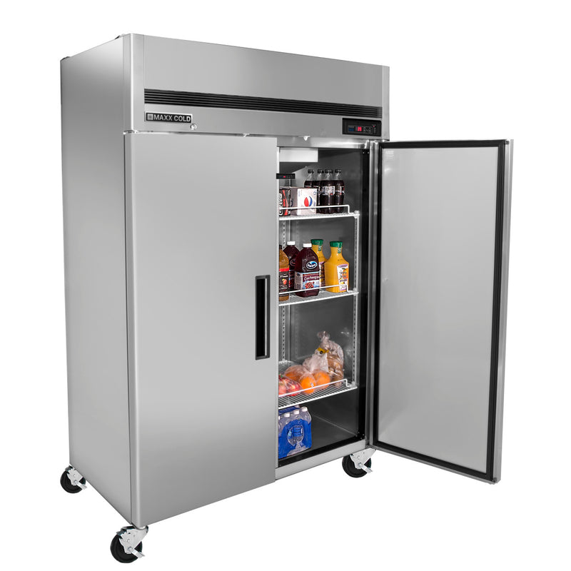 Propped Image of Maxx Cold Double Door Reach-In Refrigerator, Top Mount, 54"W, 49 cu. ft. Storage Capacity, in Stainless Steel (MCRT-49FDHC)