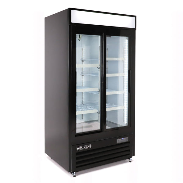 Maxx Cold Double Glass Door Narrow Width Merchandiser Refrigerator, Sliding Door, 36 cu. ft., Black