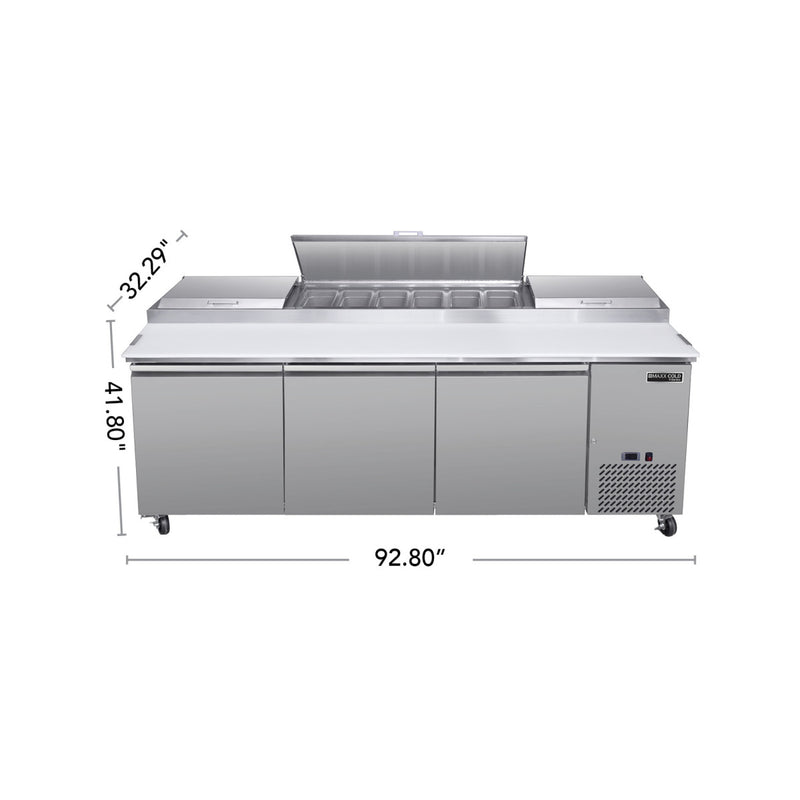 Maxx Cold V-Series 3 Door Refrigerated Pizza Prep Table, in Stainless Steel