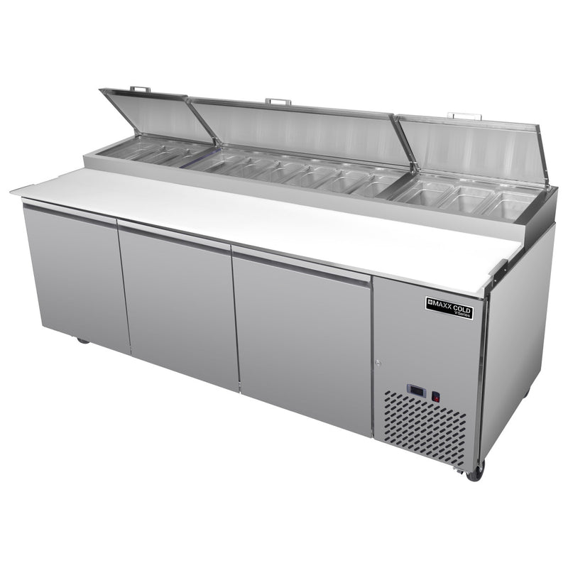 45 Degree Angle Image of Maxx Cold V-Series 3 Door Refrigerated Pizza Prep Table, 92"W, 30.8 cu ft, in Stainless Steel (MVPP92HC)