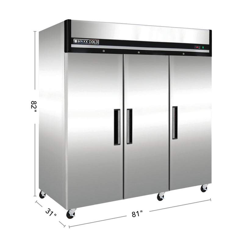 Maxx Cold Triple Door Reach-In Freezer, Top Mount, 72 cu. ft., Energy Star, Stainless Steel