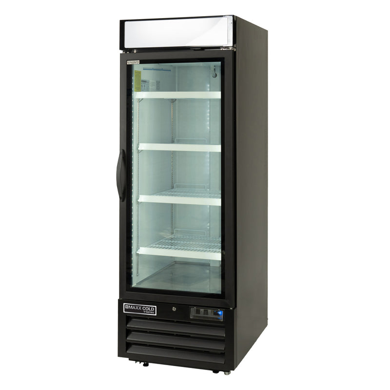 45 Degree Angle Image of Maxx Cold V-Series Single Glass Door Merchandiser Refrigerator, 27"W, 23 cu. ft. Storage Capacity, in Black (MVMR23B)