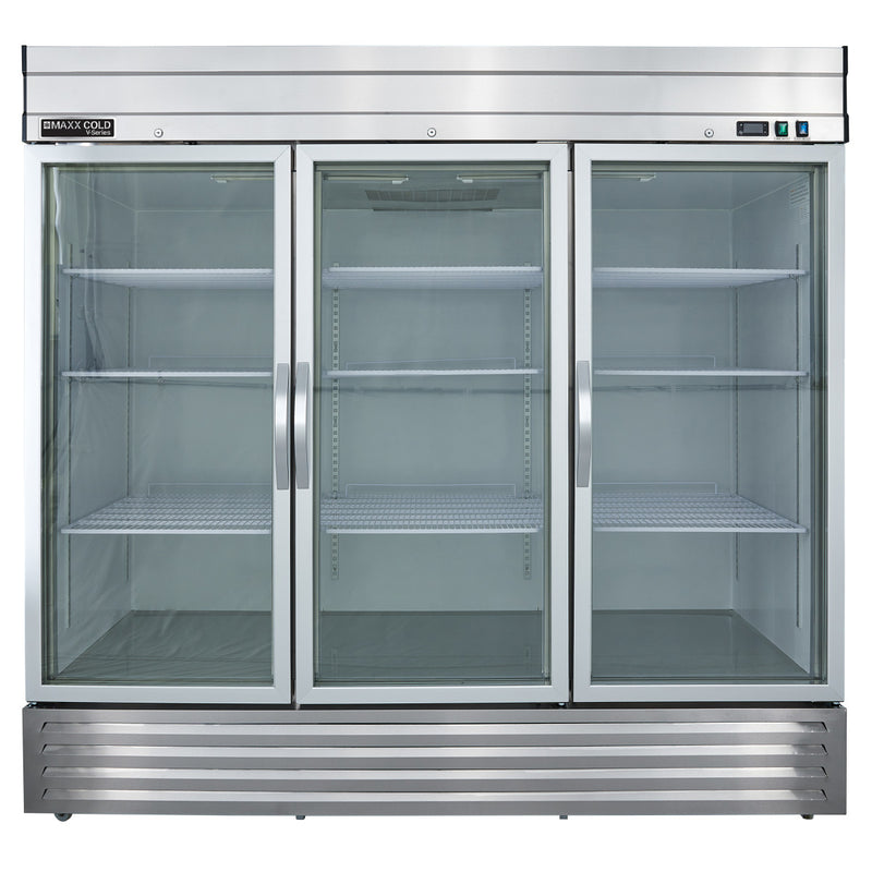 Front Image of Maxx Cold V-Series 3 Glass Door Reach-In Refrigerator, Bottom Mount, 81"W, 65 cu. ft. Storage Capacity, in Stainless Steel (MVR-72GDHC)