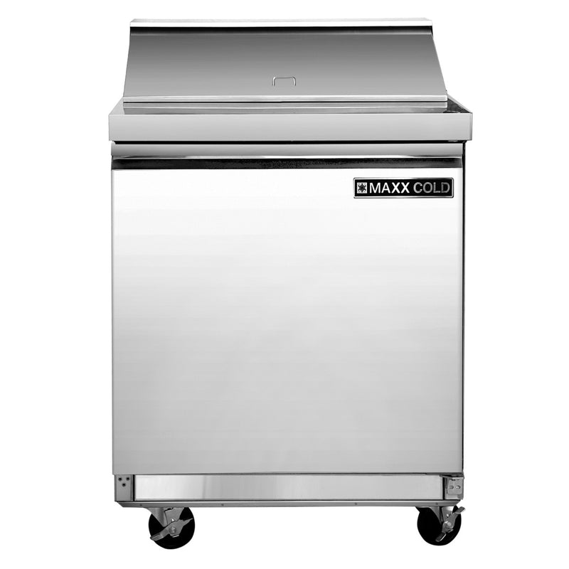 Front Image of Maxx Cold One-Door Refrigerated Sandwich and Salad Prep Station, 29"W, 7.59 cu, ft. Storage Capacity, Equipped with (4) 4" Deep Pans and Cutting Board, in Stainless Steel (MXSR29SHC)