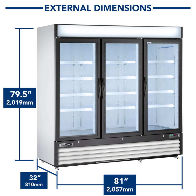 Dimensional Drawing Image of Maxx Cold X-Series Triple Glass Door Merchandiser Freezer, Free Standing, 81"W, 72 cu. ft. Storage Capacity, in White (MXM3-72FHC)