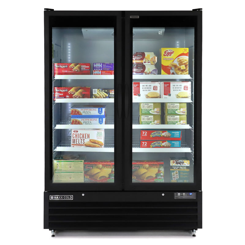 Propped Image of Maxx Cold Double Glass Door Merchandiser Freezer, Large Storage Capacity, 54"W, 50 cu. ft. Storage Capacity, in Black (MXGDM-50FBHC)