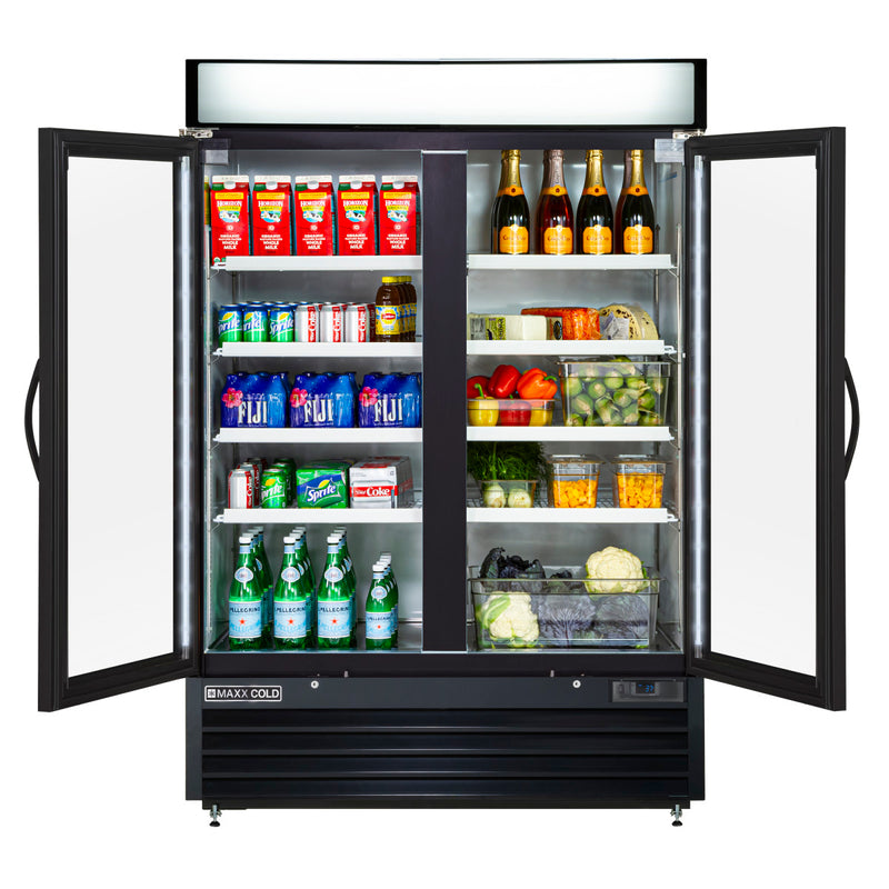 Maxx Cold Double Glass Door Merchandiser Refrigerator, Swing Door, 48 cu. ft., Energy Star, in Black