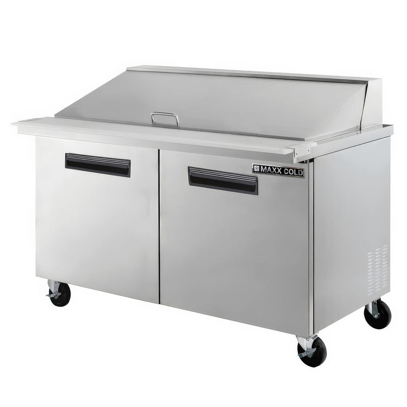 45 Degree Angle Image of Maxx Cold X-Series Two-Door Refrigerated Mega Top Prep Table, 61"W, 15.5 cu. ft. Storage Capacity, in Stainless Steel (MXCR60MHC)