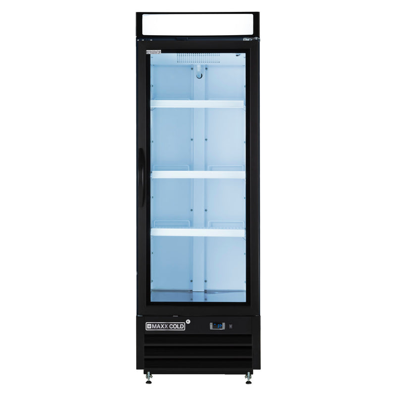 Front Image of Maxx Cold V-Series Single Glass Door Merchandiser Refrigerator, 25"W, 16 cu. ft. Storage Capacity, in Black (MXM1-16RBHC)