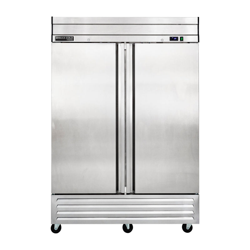 Front Image of Maxx Cold V-Series 2 Door Reach-In Freezer, Bottom Mount, 54"W, 42 cu. ft. Storage Capacity, in Stainless Steel (MVF-49FDHC)