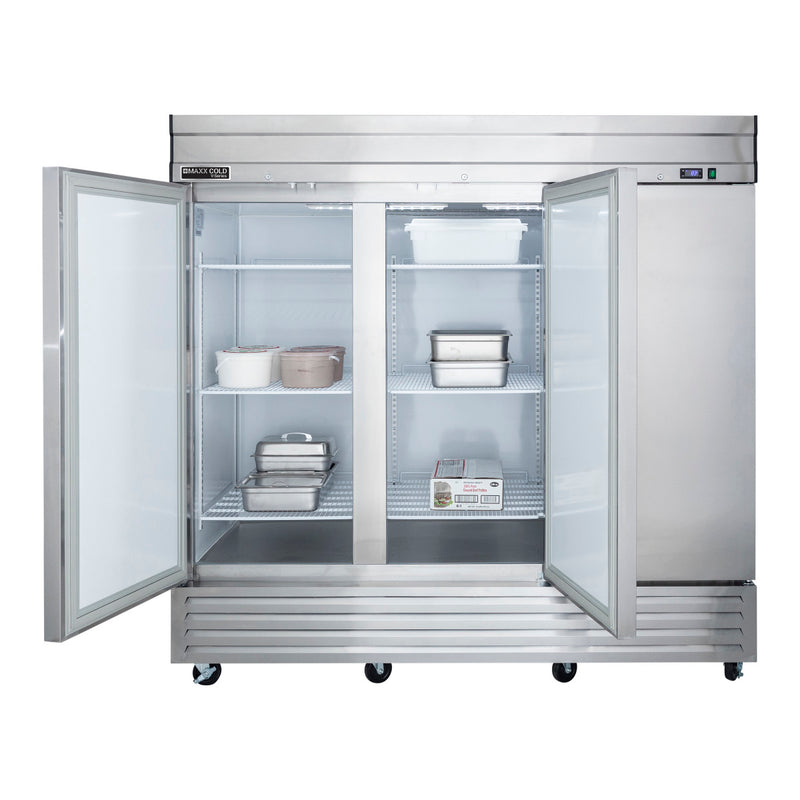 Propped Image of Maxx Cold V-Series 3 Door Reach-In Freezer, Bottom Mount, 81"W, 65 cu. ft. Storage Capacity, in Stainless Steel (MVF-72FDHC)