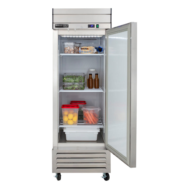 Propped Image of Maxx Cold V-Series 1 Solid Door Reach-In Refrigerator, Bottom Mount, 27"W, 19 cu. ft. Storage Capacity, in Stainless Steel (MVR-23FDHC)