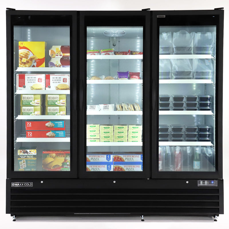 Propped Image of Maxx Cold Triple Glass Door Merchandiser Freezer, Large Storage Capacity, 81"W, 73 cu. ft. Storage Capacity, in Black (MXGDM-73FBHC)