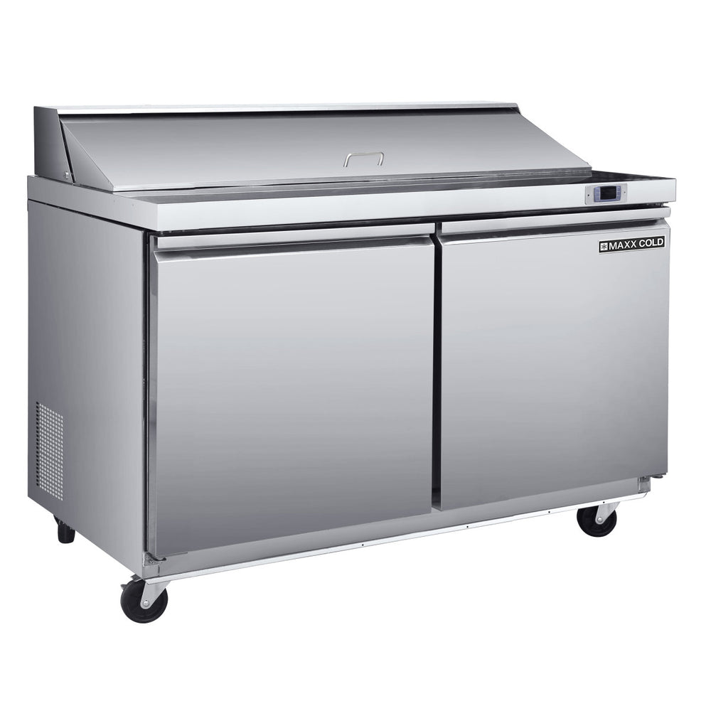 Main Image of Maxx Cold Two-Door Refrigerated Sandwich and Salad Prep Station, 48.4"W, 13.77 cu. ft. Storage Capacity, Equipped with (6) 4" Deep Pans and Cutting Board, in Stainless-Steel (MXSR48SHC)