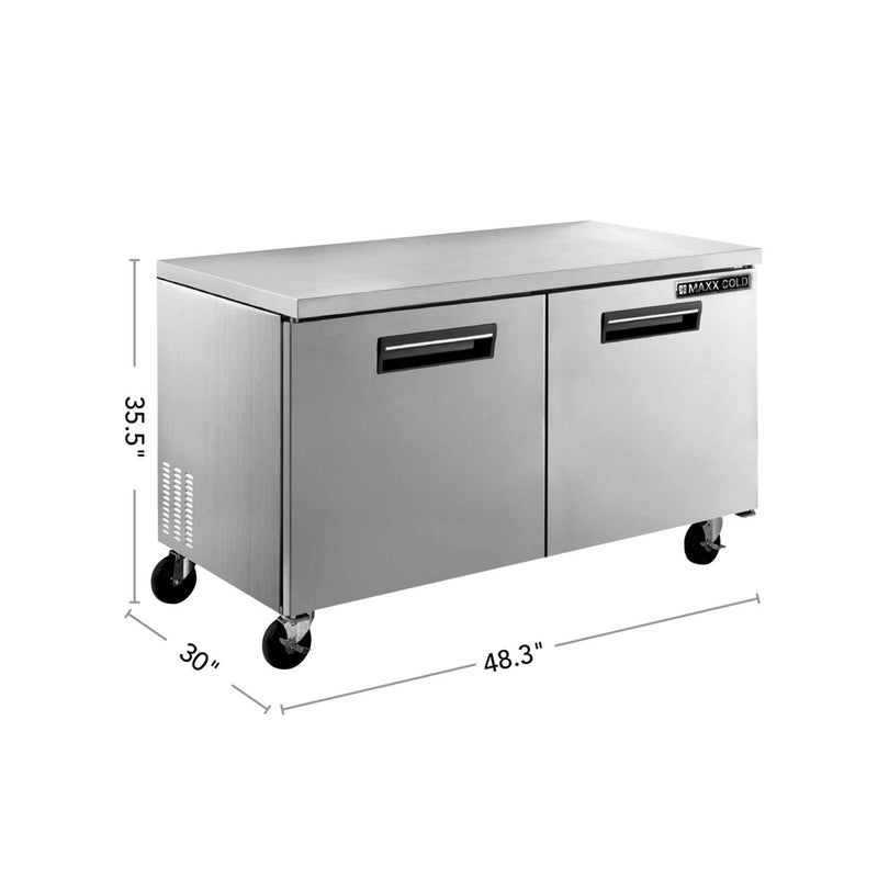 Maxx Cold Double Door Undercounter Freezer, 12 cu. ft. Storage Capacity, in Stainless Steel
