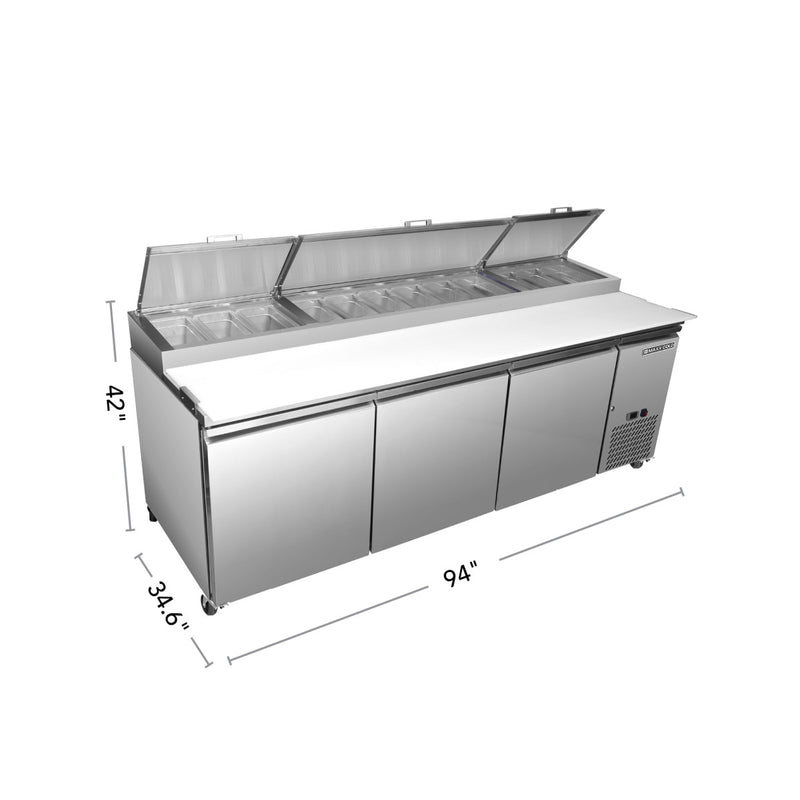 Maxx Cold Three-Door Refrigerated Pizza Prep Table, 30.87 cu. ft. Storage Capacity, Stainless Steel