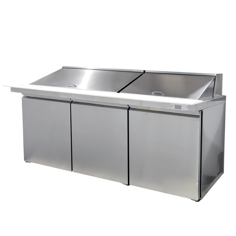 45 Degree Angle Image of Maxx Cold V-Series 3 Door Refrigerated Mega Top Prep Table, 72"W, 19.6 cu ft, in Stainless Steel (MVR72MHC)