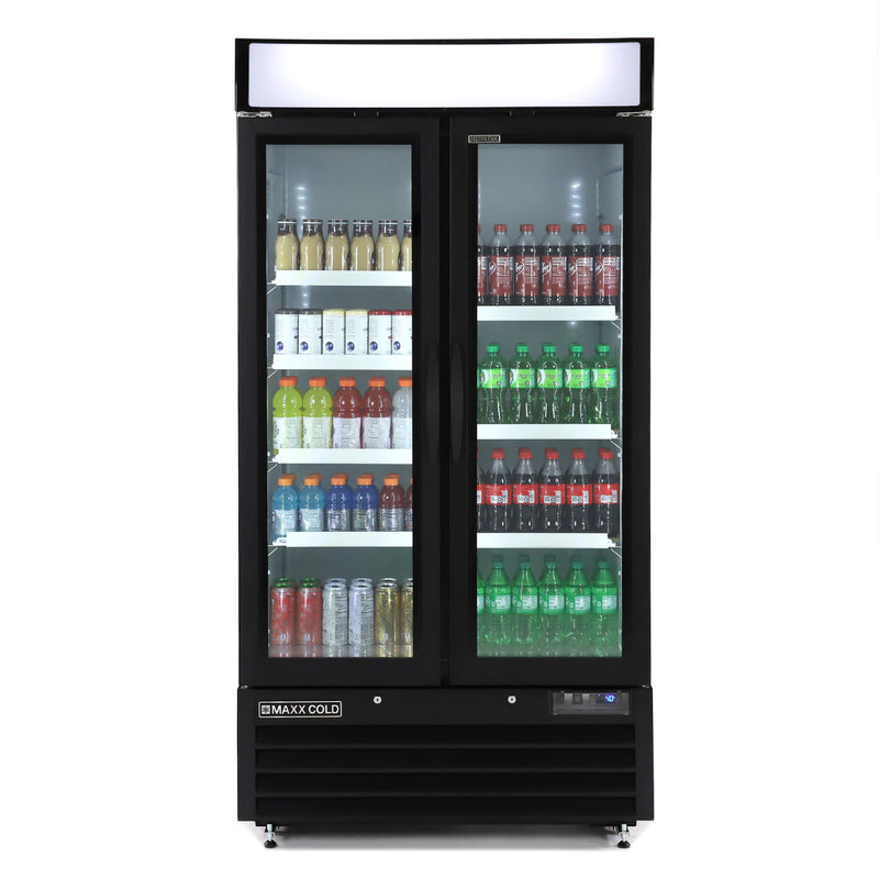MXM2-36RBHC Narrow Width Glass Door Merchandiser Refrigerator, Double Door, Black