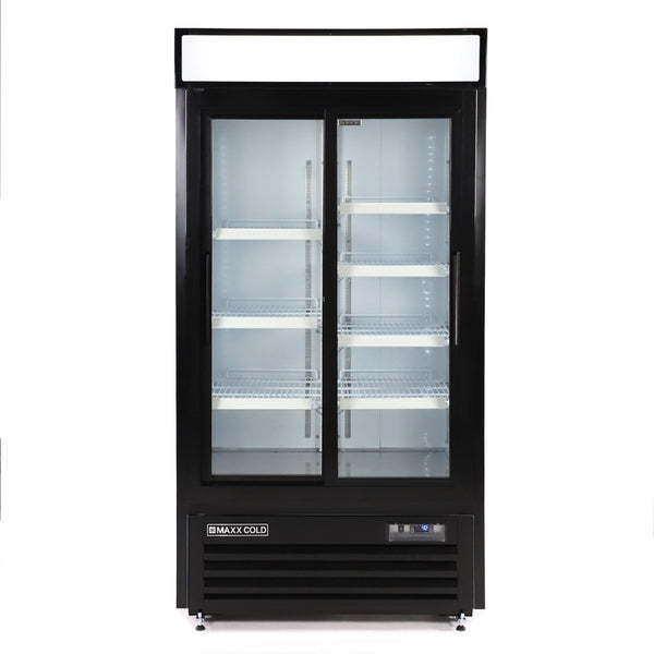 Maxx Cold Double Glass Door Narrow Width Merchandiser Refrigerator, Sliding Door, 36 cu. ft., Black