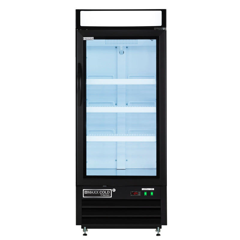 Front Image of Maxx Cold V-Series Single Glass Door Merchandiser Freezer, 25"W, 12 cu. ft. Storage Capacity, in Black (MVMF12B)