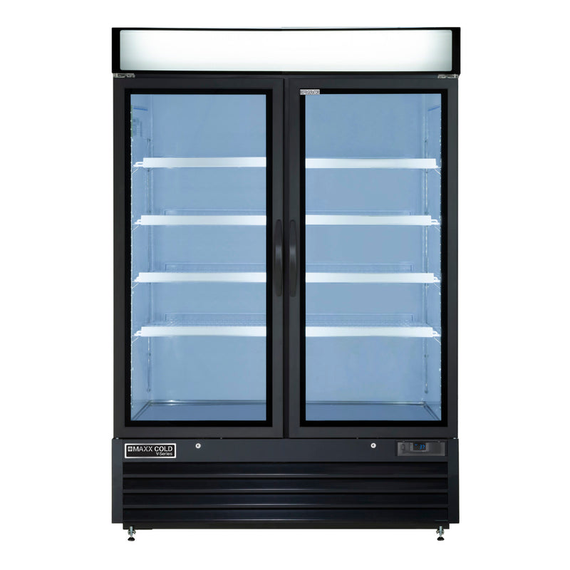 Front Image of Maxx Cold V-Series Double Glass Door Merchandiser Refrigerator, 54"W, 48 cu. ft. Storage Capacity, in Black (MVMR48B)