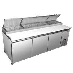 Maxx Cold Three-Door Refrigerated Pizza Prep Table, 30.87 cu. ft. Storage Capacity, Stainless Steel