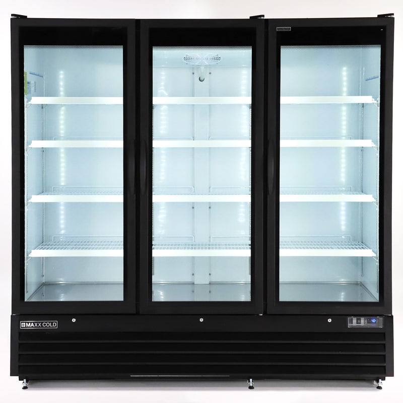 Maxx Cold Triple Glass Door Merchandiser Refrigerator, Large Storage Capacity, 73 cu. ft., in Black