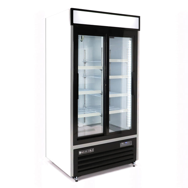 Maxx Cold Double Glass Door Narrow Width Merchandiser Refrigerator, Sliding Door, 36 cu. ft., White